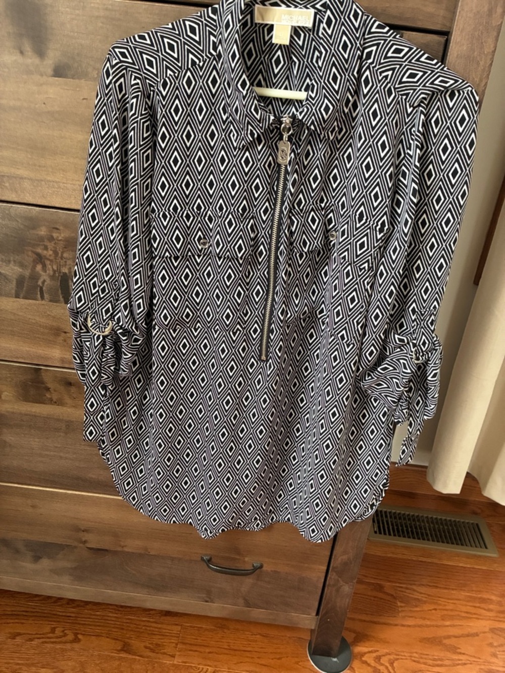 MICHAEL Michael Kors Black and White Geometric Zip-Front Shirt
